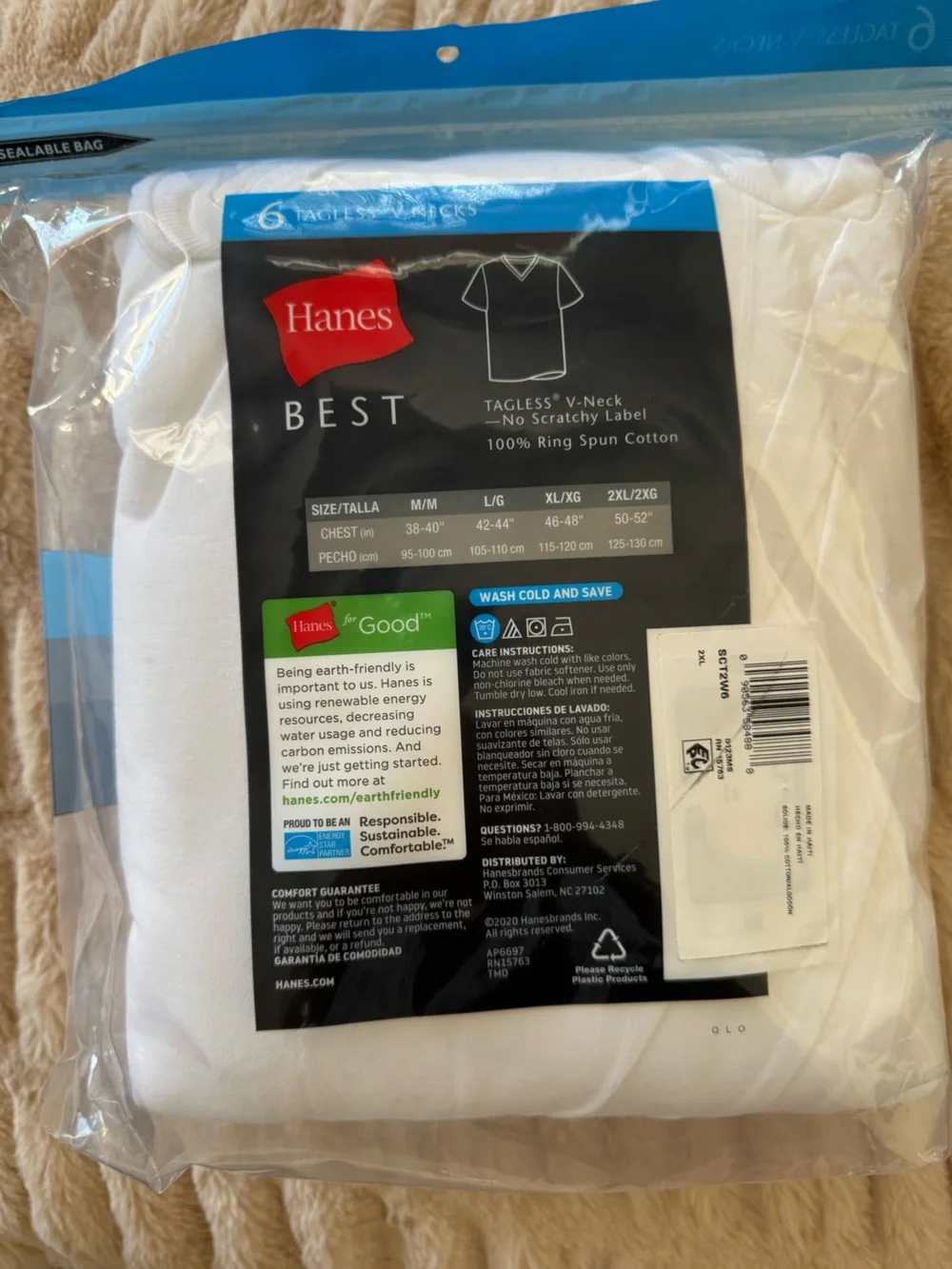 Hanes Men’s White V-Neck Undershirts - 6 Pack - Picture 2 of 4
